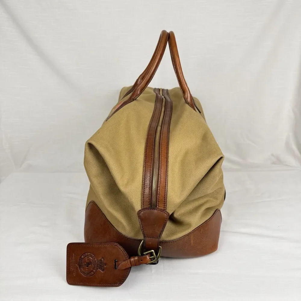 Polo Ralph Lauren Duffle Bag Safari XL Tan Cognac Canvas Leather  (23 x 12 x 10)